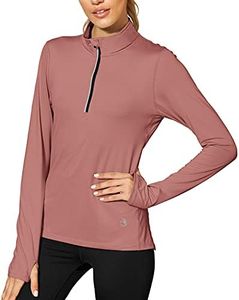 icyzone Women Workout Long Sleeve Shirts Yoga Running Tops 1/4 Zip Pullover Exercise T-Shirts with Thumb Holes (L, Peony)