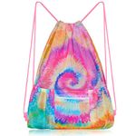 Mesh Drawstring Bag with Zipper Pocket, Beach Bag for Swimming Gear Backpack Gym Storage Bag for Adult Kids Tie Dye