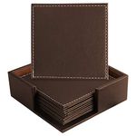 Leather Coasters Set of 6 with Holder- Protect Furniture from Water Marks & Damage, PU Leather Drink Coasters Cup Mat (Brown-Square)