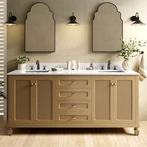Alphabath 72 Inch Double Sink Bathroom Vanity, Solid Wood Bathroom Cabinet with Marble Countertop & Backspalsh, Soft Closing 4 Doors & 3 Drawers, Fully Pre-Assembled, Light Oak