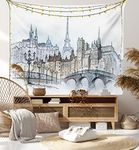 Ambesonne Urban Tapestry, Cityscape Paris and Eiffel Tower Illustration Old Buildings Pattern Design, Wide Wall Hanging for Bedroom Living Room Dorm, 80'' X 60'', Blue Grey