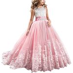 Flower Girls First Communion Dress Lace Kids Princess Wedding Bridesmaid Floor Length Layered Puffy Tulle Dresses Pageant Formal Evening Long Maxi Prom Party Ball Gown 001 Watermelon Red 12-13 Years