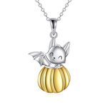 LUHE Bat Necklace Sterling Silver Bat with Pumpkin Pendant Necklace Halloween Necklace Bat Pumpkin Jewelry Halloween Gifts for Women Girls, Sterling Silver, No Gemstone