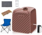 RELAX4LIFE Portable Sauna Tent, 3L Sauna Pot Bath Box with 9-Gear Adjustable Temperature & Timer, Chair, Mat, Herbal Box & Massage Foot Roller, Steam Cabin Home Sauna Spa for Relaxing Body (Brown)