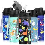 GOPPUS Kids Insulated Water Bottle - 18 Oz BPA Free 18/8 Stainless Steel Travel Bottle with Straw Water Bottle with Double Wall Vacuum Leak Proof Kids Cup for School Boys Girls, Space Dinosaur