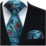 HISDERN Floral Paisley Wedding Tie Handkerchief Men's Necktie & Pocket Square Set, One Size, Aqua / Purple