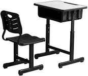 ShowMaven Student Desk and Chair Combo, Height Adjustable Children's Desk and Chair Workstation with Drawer, Pencil Grooves and Hanging Hooks for Home, School and Training (Black&White)