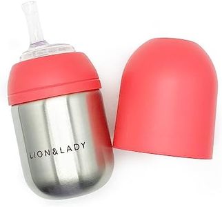 Lion & Lady Stainless Steel Baby Toddler Straw Bottles - Quality 18/8 Kids Milk Bottle, BPA and BPS Free Lid & Collar, Easy to Clean, Adaptable Design - Fuschia 210ml