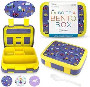 kinsho Bento Lunch Box for Kids Toddlers Boys, 5 Portion Sections Secure Lid, Microwave Safe BPA Free Removable Tray, Pre-School Kid Daycare Lunches Snack Container Ages 3 to 5, Blue Yellow Trucks