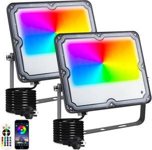 RGB LED Flood Light, 2 Pack 50W Smart RGB Color Changing Floodlight Outdoor, IP66 Waterproof Bluetooth App Control Stage Light, Dimmable RGB Lights for Party, Garden, Terrace, Christmas