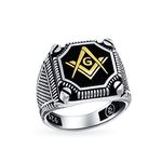 Mens Large Solid Tri Tone Black Inlay Compass Freemason Masonic Signet Ring For Men Oxidized Gold- Tone .925 Silver Made In Turkey