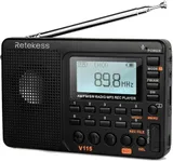 Retekess V115 Digital Radio AM FM, Portable Shortwave Radios, Rechargeable Radio Digital Tuner and Presets, Support Micro SD and AUX Record, Bass Speaker Black