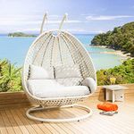 Hindoro Rattan Wicker Wrought Iron Two Seater Swing Chair With Powder Coated Stand & Cushion & Hook || Double Hammock Swing For Adults & Kids | (King, White)