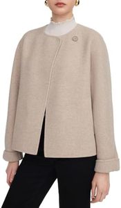 GOELIA Women's Beige Cashmere Wool Blend Double-Faced Jacket - Herringbone Texture Straight Silhouette Cuffed Sleeves Side Pockets for Fall Winter Casual Office Wear
