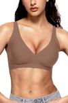 Vertvie Deep V Bras for Women Wireless Seamless Bras Comfort No Underwire Push Up Bras Full Coverage Bralettes T Shirt Bra (Coffee,X-Large)