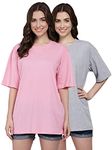 FUNDAY FASHION Cotton Half Sleeve Printed Oversized T-Shirt for Womens/Girls (Pack of 2) (Medium, Grey & Pink)