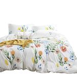 Wake In Cloud - Floral Duvet Cover Set, 100% Cotton Beddings, Colorful Watercolor Flowers Leaves Painting Printed on White, Zipper Closure (3pcs, Queen Size)