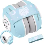 Lilian&Gema 2-in-1 Baby Ear Muffs Noise Protection, Adjustable Headphones with Band, Owls Noise Cancelling Headphones for Babies & Toddler up to 4 Years, Baby Airplane Essentials/Outdoor, Blue