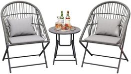 Dystler Foldable 3-Piece Patio Bistro Set with Folding Rattan Chairs and Round Table - Small Outdoor Furniture for Balcony, Garden, Backyard, Restaurant, Cafe Bar (Grey)