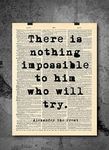 Alexander The Great - Nothing Impossible Quote - Dictionary Art Print - Vintage Dictionary Print 8x10 inch Home Vintage Art Wall Art for Home Wall For Living Room Bedroom Office Ready-to-Frame