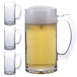 Large Beer Glasses Set Of 4 Thick Quality Glass Mugs With Comfortable Thumb Rest, Beer Stein Pack Of 4, 26 OZ Glass Mugs With Handles (Clear)