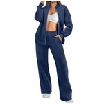 Tracksuit Womens Full Set 2 Piece Outfits 2024 Fall Winter Zip Up Sweatshirt Jacket and Wide Straight Leg Pants with Pockets Lounge Wear Sets Ladies Tracksuit Sets Leisure Suits Gym Activewear Navy
