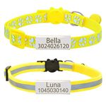 Senristar Personalised 2 Pack Reflective Cat Collar, Custom Breakaway Cat Collars with Name Tag and Bell, Anti-Lost Nameplate Cat Collar for Girls & Boys (Yellow,fit 8''-11.0'')