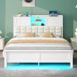 Rolanstar Bed Frame Full Size with Charging Station, Bookcase Headboard Bed with LED Light and Sliding Doors, Platform Bed with Wooden Slats, No Box Spring Needed, Noise Free, White