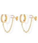 Kenivira Chain Stud Earrings 18K Gold Plated Cubic Zirconia Chain Earrings Hoop Huggie Double Piercing Dangle Chain Earrings Jewelry for Women