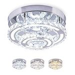 CXGLEAMING Modern LED Crystal Chandelier Ceiling Light Fittings Small Round Chandelier Flush Fitting Ceiling Light for Living Room Bedroom Dinning Room Hallway Kitchen,3 Color Changable