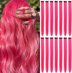 Clip-In Hair Extensions, Hot Pink Coloured Hair Strands, Party Highlights, Straight Long Hairpieces, Rainbow Hair Accessories for Women, Girls and Children, 55 cm, Pack of 16