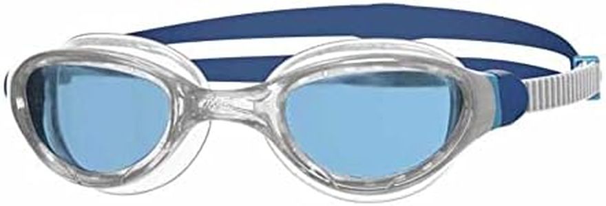 Zoggs Phantom 2.0 Adult Swimming Goggles, UV Protection Swim Goggles, Quick Adjust Adult Goggles Straps, Split Yoke Comfort Swimming Goggle Strap, Fog Free Clear Swim Goggle Lenses, White/Blue