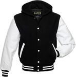 Hatch Sports Varsity Hoodie Jacket For Baseball Letterman Bomber School Jacket Wool Body and Genuine Cowhide Leather Sleeves (CA/US, Alpha, Large, Regular, Regular, Black & White Hoodie)