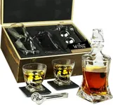 Whiskey Stones & Decanter Gift Set for Men & Women, By The Wine Savant, 2 XL Stainless Steel Whiskey Balls, 2 Twist Glasses, Whiskey Decanter, 2 Coasters, Freezer Pouch & Special Tongs in Pinewood Box