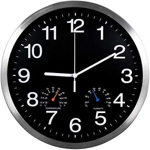 12 Inch Silver Aluminum Frame Wall Clock with Thermometer Hygrometer Battery Operated Silent Movement Decorative for Home