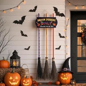 ELAMAS Halloween Decorations Light-Up Broom Parking Only Sign with 3 Witch Brooms, Violators Will Be Toad Funny Witch for Indoor Wall Outdoor Front Porch Yard Party Decor or Home Office Living Room