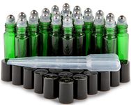 Vivaplex, 24, Green, 10 ml Glass Roll-on Bottles with Stainless Steel Roller Balls - 3-3 ml Droppers Included, Green, Classic, Professional, Scientific