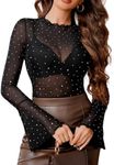 Avidlove Women Mesh Tops Rhinestone Tops Long Bell Sleeve Blouses Glitter Shirts Sexy Clubwear Outfits Black L