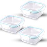 Attro Glassox Classic Square Lunch Box with Locking Lid Borosilicate Glass Fridge Organizer Food Storage Containers Microwave & Freezer Safe Set of 3 310ml