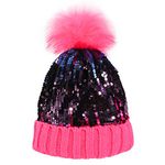 Homiton Women Sequin Knitted Beanie Hat with Faux Fur Pom-Pom Shiny Bling Skull Cap, A-hot Pink, M