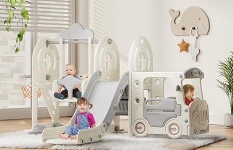 BIERUM 5 in 1 Toddler Slide and Swing Set, Kid Slide for Toddlers Age 1-3, Bus Themed Baby Slide with Basketball Hoop, Indoor Outdoor Slide Toddler Playset Toddler Playground Beige Gray