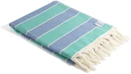 InfuseZen Terry Cloth Lined Turkish Bath & Beach Towel – Striped Design - 100% Organic Turkish Cotton - Soft, Lightweight, Absorbent Peshtemal, Quick Dry for Beach, Bath, Throw, Travel - Mint/Blue