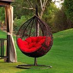 OMCCO Patio Rattan Egg Chair and Stand with Rocking Function, Stylish Outdoor Wicker Swing Chair with Soft Cushion for Balcony, Poolside and Garden(Red)