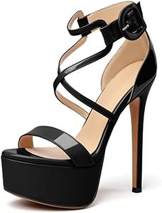 Eldof Women's Platform Sandals Ankle Strap 5.9" High Heels Cross Strap Stilettos Open Toe Ankle Strap Crisscross Sandals, Black, 7.5