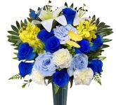 Saxili Artificial Cemetery Flowers with Vase for Grave Decoration - Headstones Memorial Flowers Bouquet- Blue Rose White Lily Carnation Yellow Hyacinth