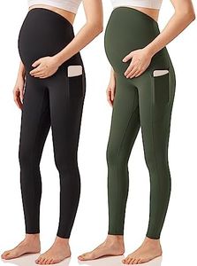 Enerful Maternity Leggings Over The Belly Activewear Pregnancy Stretch Workout Yoga Pants Tights with Pockets 2PCS Black Green Small