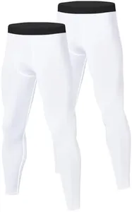 Towintec Men’s Compression Pants, Athletic Running Leggings Workout Tights Cool Dry Capri Base Layer for Basketball Sports Football Gym Soccer Underpants(White+White,XXL)
