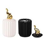 Tonxus 2 Pack Qtips Holder Dispenser, Ceramic Apothecary Jars Set with Elephant Lids, Cute Farmhouse Bathroom Organizer Storage Canisters for Cotton Balls,Swabs,Pads,Makeup Sponges (White and Black)