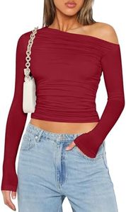 Zeagoo Womens Long Sleeve Off The Shoulder Casual Crop Tops Sexy Asymmetrical Going Out Slim Fit Y2K T Shirts