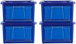 Rubbermaid Small All-Access Tote with Lids, Pack of 4, Stackable Storage Bins with Clear Drop-Down Door and Carry Handles, Closet Organization Containers, Blazer Blue